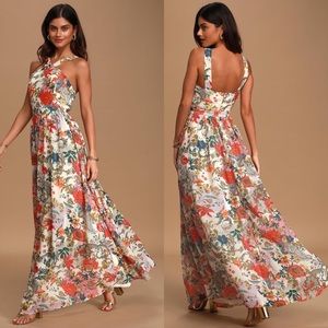 Lulu's Women's Lilja Cream Floral Print Maxi Dress Size L